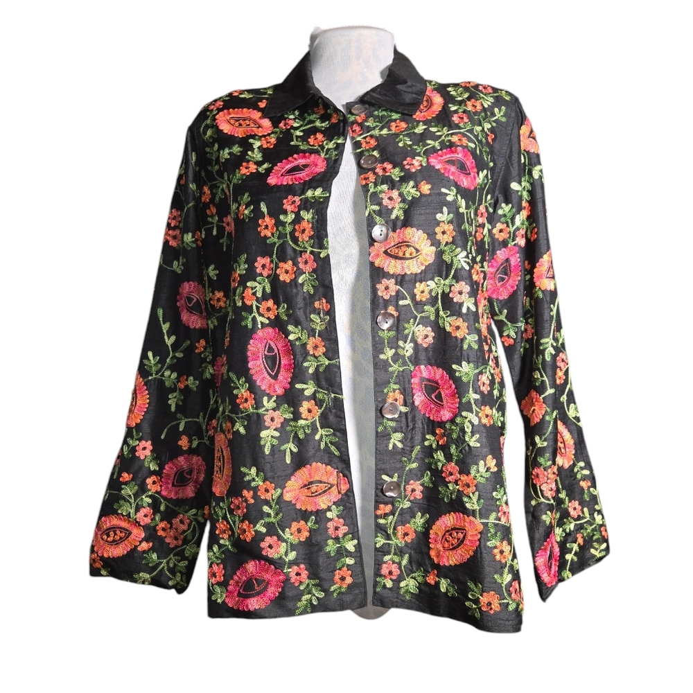 Laura Ashley Vintage Pink & Orange Floral Embroidered Black Silk Blazer Size S